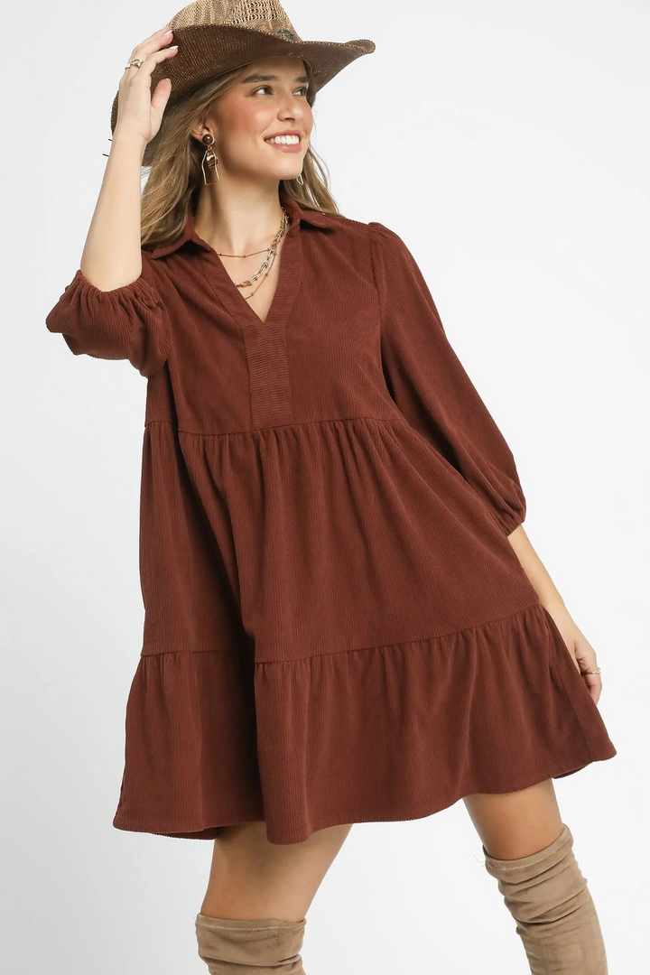 Umgee Tiered Corduroy Mini Dress with Sleeves