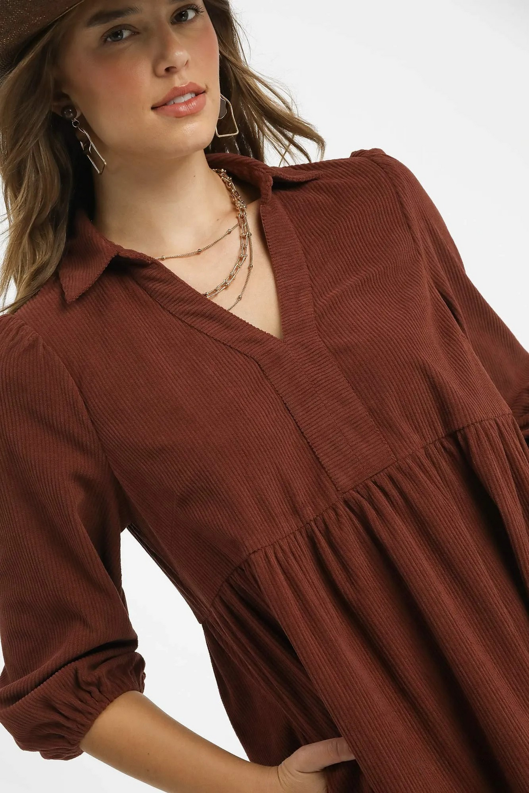 Umgee Tiered Corduroy Mini Dress with Sleeves