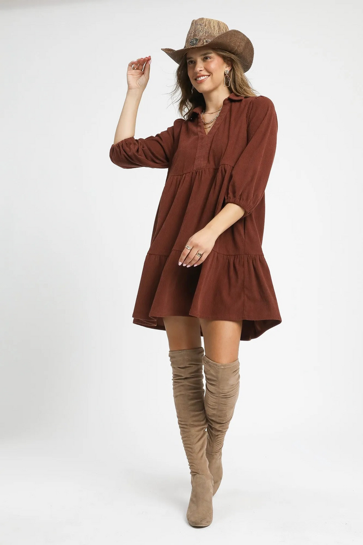 Umgee Tiered Corduroy Mini Dress with Sleeves