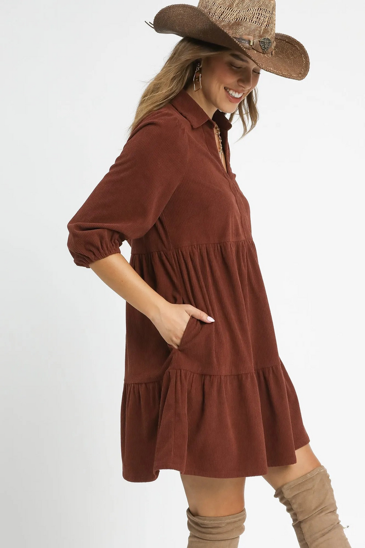 Umgee Tiered Corduroy Mini Dress with Sleeves