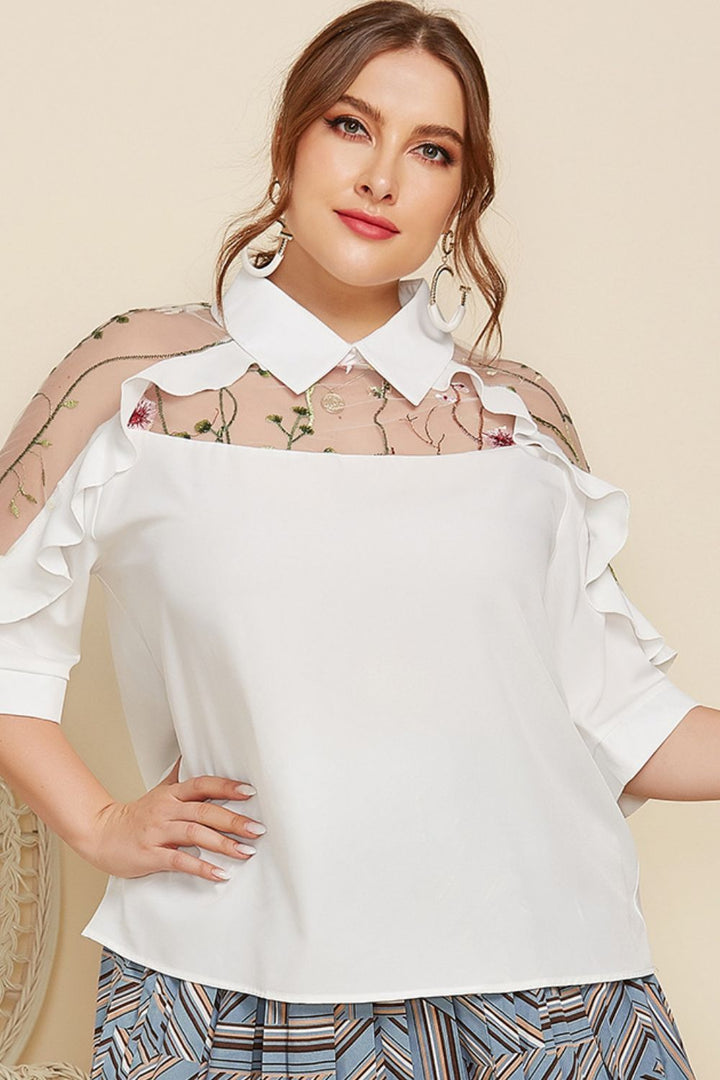 Rcollared Ruffle Trim Plus Size Embroidered Ruffle Trim Collared Half Sleeve Blouse ...